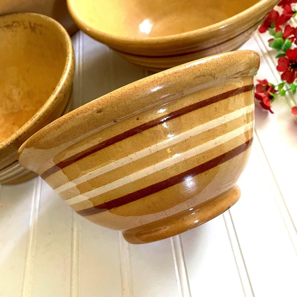 Antique 1930s Yellowware Stoneware Nesting Mixing Bowl White Brown Stripe Set x4